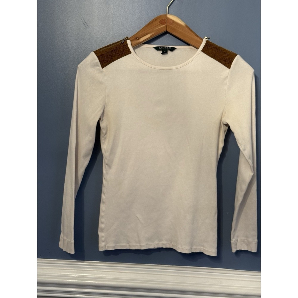 Lauren Ralph Lauren Women's M Ivory Brwn Lng‎ Sleeve Zip Top  classic minimalist